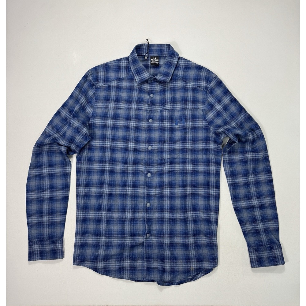 Under Armour Mens Medium Flannel Snap Shirt Blue Plaid Outdoor Cabin 1372600
